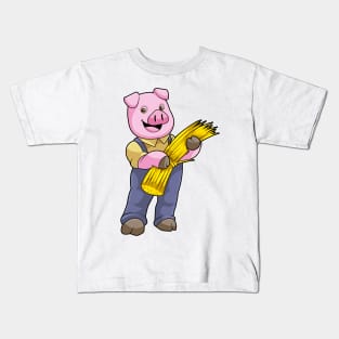 Pig as Farmer with Straw Kids T-Shirt